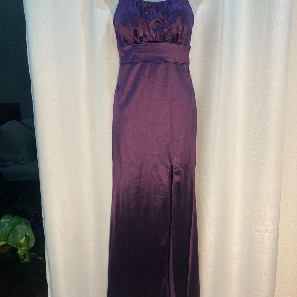 Lulus Satin Gathered Bust Thigh Slit Formal Maxi Dress Purple Women's Size S